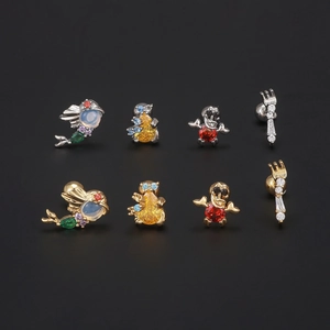 8Pcs assorted stainless steel cartilage studs with colorful zircon animal designs