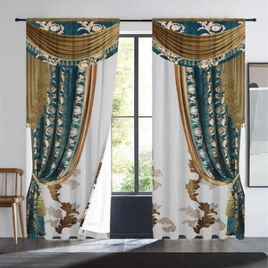 Luxurious European style dark blue and white jacquard curtains with gold floral patterns