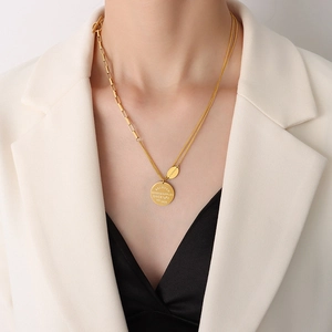 Double layered 18K gold plated necklace with asymmetric chains and round pendants