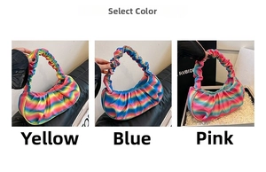 Detailed close-up showing pleated hobo bags in yellow, blue and pink rainbow gradient colors
