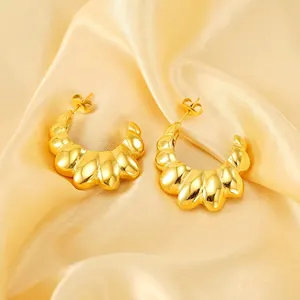 Vintage Croissant Hoop Earrings Stainless Steel 18K Gold Plated Ribbed Texture Chunky Geometric Jewelry For Women