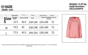 Size chart for women's oversized hoodie with detailed shoulder, bust, and length measurements