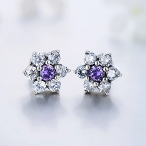 Vintage S925 sterling silver flower stud earrings with purple amethyst zircon