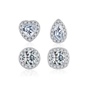 Sparkling S925 silver stud earrings set featuring heart, drop, and geometric Moissanite shapes