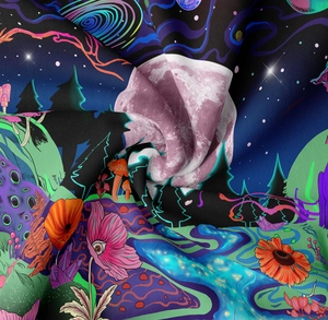 Detail shot of psychedelic mushroom tapestry fabric with neon swirls and soft texture