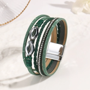 Multilayer green leather bohemian bracelet with silver metal pieces and crystal accents