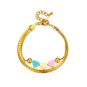 Double-layer gold chain bracelet featuring colorful enamel hearts and engraved pendants