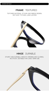 Detail view of reinforced metal hinges and black frame on retro cat-eye glasses
