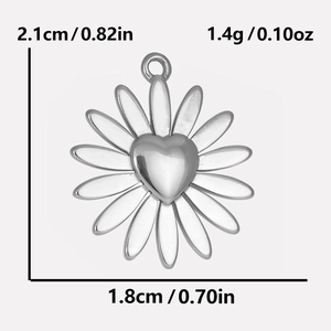 Silver stainless steel daisy heart pendant with detailed dimensions and weight stats