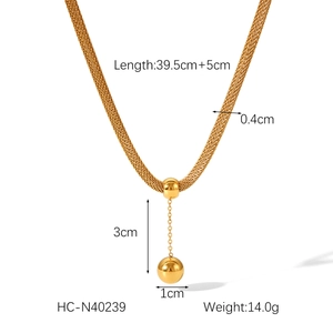 Detailed size and weight specs for the 18K gold-plated Y-shaped stainless steel ball necklace