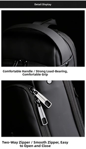 Detail view of thickened ergonomic handle and durable smooth metal zippers on chest bag