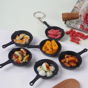 Miniature frying pan keychain set with realistic artificial food models and metal rings