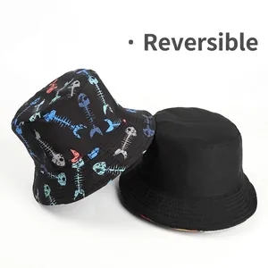 Reversible bucket hat for men and women featuring colorful fishbone print and solid black
