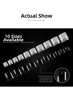 Detail showing 10 sizes of transparent false nail tips with numbered identification