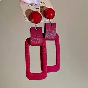 Vintage red flocked leather geometric rectangular drop earrings with silver needle