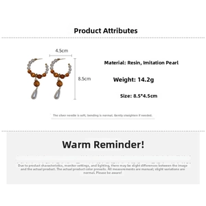 Detailed size chart for orange resin and white pearl drop earrings with silver needle
