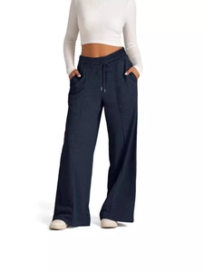 Women's navy blue wide-leg casual pants with drawstring waist and textured knit fabric
