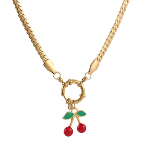 Charming gold cherry pendant necklace with red fruit and green leaves on flat chain