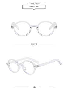 Detailed front and side views of round transparent C5 glasses frames in high-quality resin