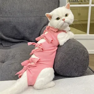 Pet Recovery Suit Sterilization Clothing Ribbed Cotton Anti Lick Wound Protection Back Bow Tie Cats Small Dogs