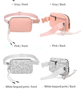 Front and back detail of pink and leopard print waterproof sports waist bag with buckle