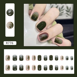 Short square emerald green gradient press-on nails with cat eye shimmer and marble effect