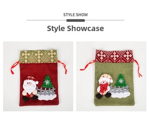 Detailed view of red and green Christmas drawstring burlap gift bags with Santa and Snowman