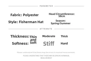 Polyester bucket hat specifications showing 58cm head circumference for spring and summer