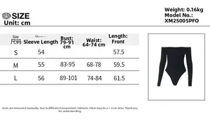 Detailed size chart with measurements for the backless long sleeve bodysuit