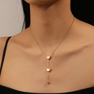 Stainless Steel Y-Shaped Necklace With Double Heart Pendants And Small Ball Tassel Elegant Jewelry For Women