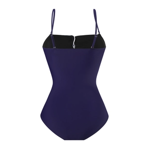 Detailed flat lay view of the minimalist navy blue one-piece swimsuit with thin straps
