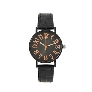 Montre à quartz minimaliste avec bracelet cuir noir et grands chiffres or rose sur cadran noir
