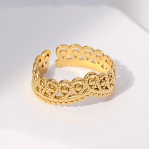 Elegant gold vintage crown hollow ring with adjustable open band and beaded edge design