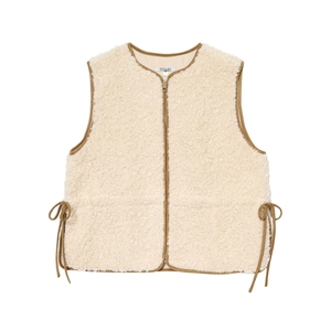 Women Lamb Wool Vest Sherpa Sleeveless Zippered Waist Tie Contrast Piping Casual Winter Outerwear