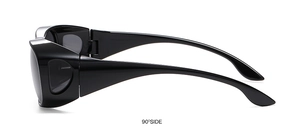 90-degree side view of black fit-over sunglasses with side windows for high visibility