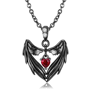 Gothic black metal heart wings necklace with a red gemstone on a clean white background