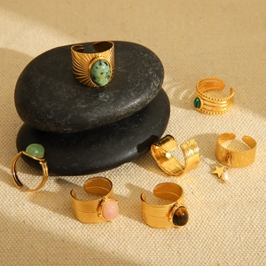 French vintage stainless steel gold rings with natural stone and star pearl charms