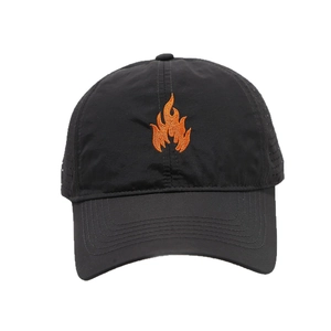 Black laser-drilled baseball cap with orange flame embroidery and breathable mesh side vents