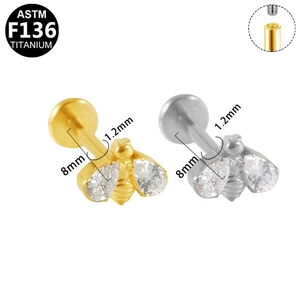 F136 titanium bee piercing studs in gold and silver with zircon and size specifications