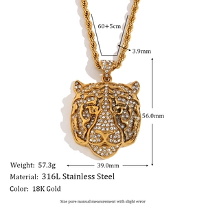 18K gold plated stainless steel tiger head pendant necklace with twisted chain for men