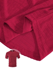 Detail of dark red men's polo set showing waffle texture knit fabric and stitching