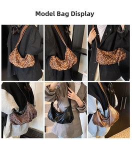 Collage of chic ruched dumpling bags in leopard print, black, and brown styles