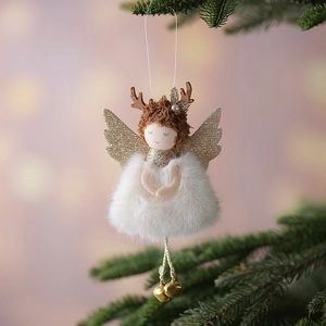 Cute white plush angel Christmas tree ornament with golden wings and bell accents