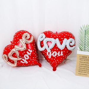 36-inch red heart foil balloons with white dots and gold silver love you lettering