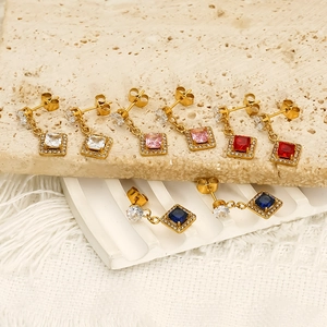 Square Stud Earrings 304 Stainless Steel 18K Gold Plated Zircon Retro Light Luxury Waterproof Hypoallergenic For Women