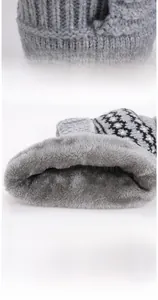 Close-up of grey knit winter hood featuring thick fleece lining and soft warm texture