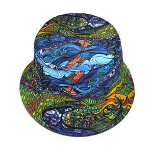 Detail of vintage geometric graffiti pattern on wide brim double-sided bucket hat fabric