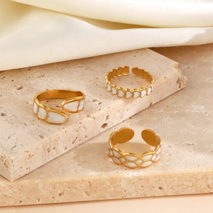 Three-piece gold stainless steel open ring set with heart and honeycomb patterns