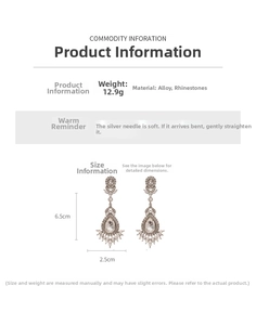 Detailed view of luxury rhinestone flower drop earrings with size and weight specs