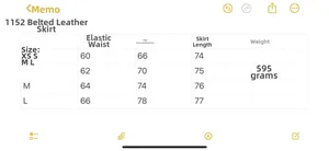 Detailed size chart for the PU leather A-line skirt with belt and elastic waist guide